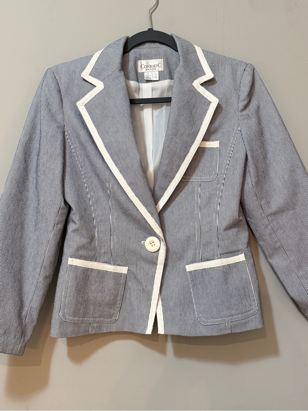 Conrad C. Women's Navy Pinstripe Blazer with White Trim